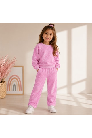Luess Kız Çocuk Pembe Batik Yıkamalı Sweatshirt Boru Paça Eşofman Altı 2'li Takım