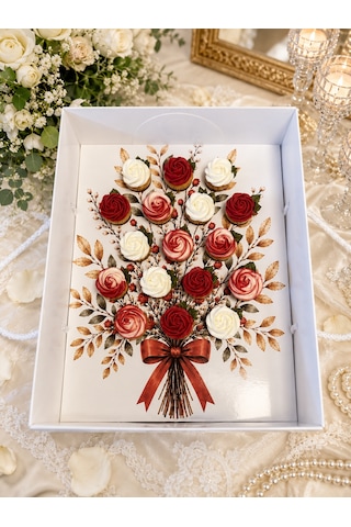 Mini Cupcake 17 Bölmeli Kapağı Pencereli Gül Buket Kutu