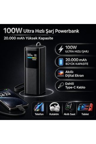 100w Ultra Hızlı Şarj Powerbank 20000 Mah Pd 3.0 Tft Ekranlı Dahili Type-c Kablolu Siyah