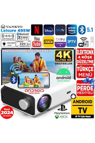 Vankyo Leisure 495W Android TV 4K Destekli 5G WiFi + Bluetooth 5.1 Projeksiyon Cihazı