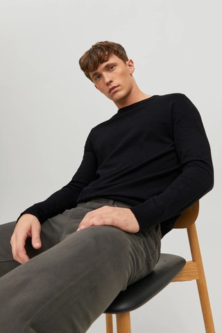 Jack & Jones Erkek Bisiklet Yaka Siyah Triko Kazak - 12208364 Siyah