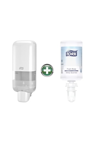 Tork S4 Beyaz Sabun Ve Dezenfektan Dispenseri 564500 + 1 L Premium Köpük Sabun 520501 Hediyeli