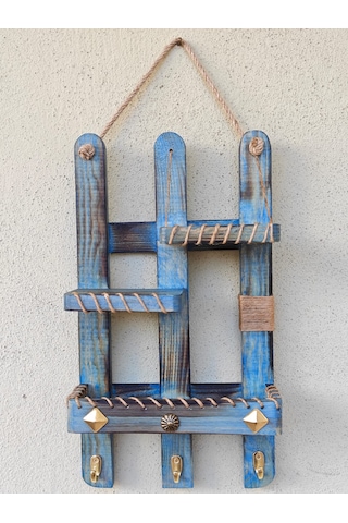 Dkr Dekoratif Çam Agacı Raf El Yapımı Ahşap Raf Anahtarlık Antik Mavi Mavi