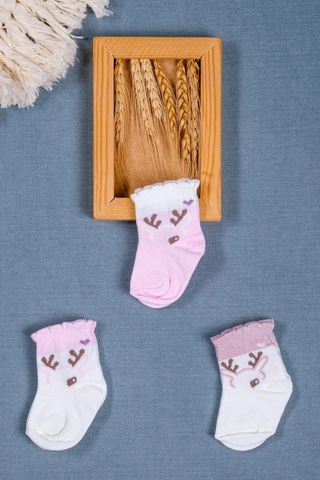 Cocole Socks Kız Bebek Soket Çorabı 3 Lü Set Pamuklu Fırfırlı Bilekli & Geyik Desenli Çok Renkli