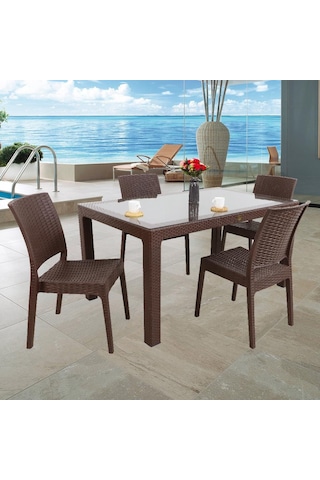 Depootoptan Mandella Elit Rattan 90 x 150 CM 4 Kişilik Elit Sandalye Camlı Masa Ta (397465111)