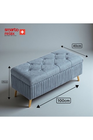 Smarto Relax Swiss Style Puf , Appenzell Kapitonesandıklı Puf, Babyface Kaplama, 100x40x45 Cm, Ahşap Ayaklı ,sandıklı Dekoratif Puf Gri