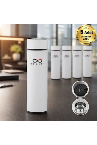 Logonuza Özel 5 Adet 5338 Dijital Süzgeçli Çelik Termos 450 Ml Kurumsal Termos Beyaz