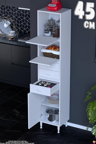 Lorin 45 Cm 3 Kapaklı Raflı Çok Amaçlı Mutfak Kiler Ve Depolama Dolabı Beyaz Boy Dolabı-45x194x32 Cm