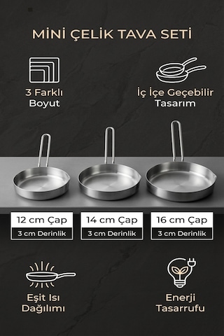 Makri Home 3 Lü Kompakt Çelik Tava Seti 12 Cm, 14 Cm, 16 Cm Krom