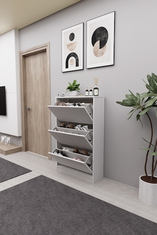 Mirobi Kembe 3 Bölmeli Açılır Modern Dekoratif Ayakkabılık Beyaz Beyaz