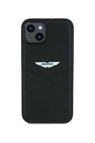 Apple Uyumlu iPhone 14 Kılıf Aston Martin Lisanslı Victory Dizayn Pu Deri Metal Logolu Kapak Siyah
