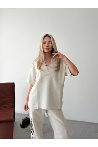 Malibu Esintisi Bej Alt Üst Keten Takım Bej