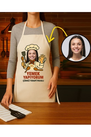 Kişiye Özel Karikatür Fotoğraflı Mutfak Önlüğü Terapi Pahalı Krem