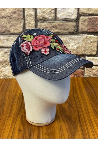 Hamze Jean Kot Denim İndigo Kumaş Taşlı Gül Desenli Beyzbol Cap Şapka Koyu İndigo