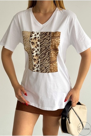 Cassime Kadın Leopar Desenli %100 Pamuk Büyük Beden Beyaz T-shirt