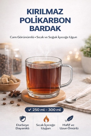 Polikarbon Kırılmaz Kulplu Bardak 6 Adet 300 Ml Cam Görünümlü Çay Kahve Bardağı Sıcak Soğuk Uyumlu Şeffaf