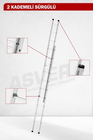 Asvera Endüstriyel 6 Metre 2 Parçalı Alüminyum Merdiven - 1.4 Mm Sürgülü Profesyonel Merdiven