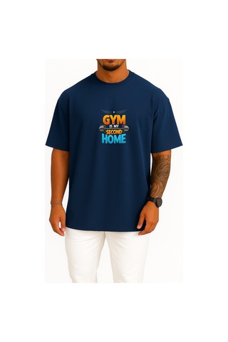 Bahriyeli Collection Oversize Gym Benim İkinci Evim Göğüs Baskılı Unisex T-shirt Lacivert
