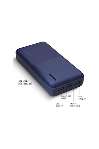 Polosmart Pbs132 Led Göstergeli 2 Usb 1 Pd Çıkışlı Taşınabilir Şarj Cihazı Powerbank Navy Lacivert