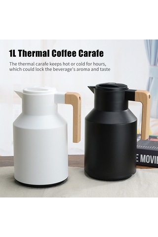 Hallow Termal Kahve Sürahi Çift Duvarlı Termal Sürahi Ahşap Beyaz 1 L