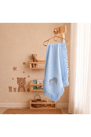 Minimoms %100 Pamuk 4 Katlı Müslin Bebek - Çocuk Battaniyesi 100x120 CM - Yumuşak Yenidoğan Kız ve Erkek Bebek Örtüsü Bebe Mavi