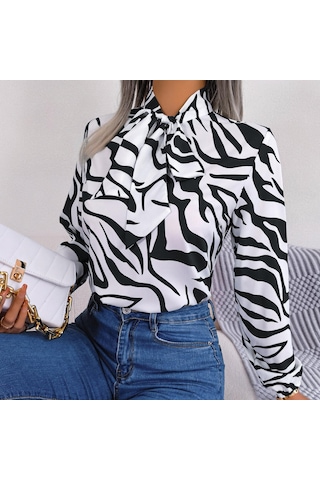 Gmxıa Kadın Modası Rahat Yaz Uzun Kollu V Yaka Bluzlar Ve Mizaç Kontrast Renkli Çizgili Şifon Gömlek Fener Kollu Gömlekler Siyah