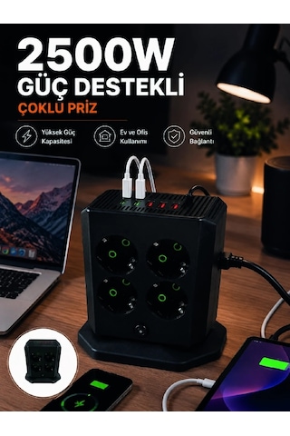 Çoklu Priz 8 Çıkışlı 4 Usb 2 Type-c Anahtarlı Dikey Priz Kulesi Normal