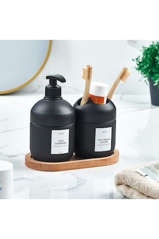Lüks Ahşap Altlıklı Cam Set Cool Sabunluk- Banyo -mutfak Seti Siyah