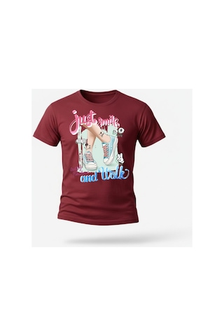 Urbantrendstore Just Smile And Walk Genç Kız Oversize Fit Rahat Geniş Salaş T-shirt Günlük Tişört Bordo
