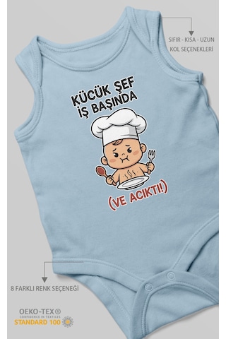 Küçük Şef İş Başında Ve Acıktı Baskılı Bebek Zıbını Çıtçıtlı Body 8 Renk %100 Pamuk Sıfır Kol Bebe Mavisi