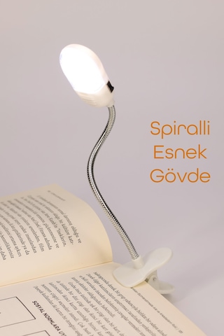 Kitap Okuma Işığı Mandallı Çok Fonksiyonlu Led Mini Çalışma Lambası Pilli Spiral Gövde 168b Beyaz