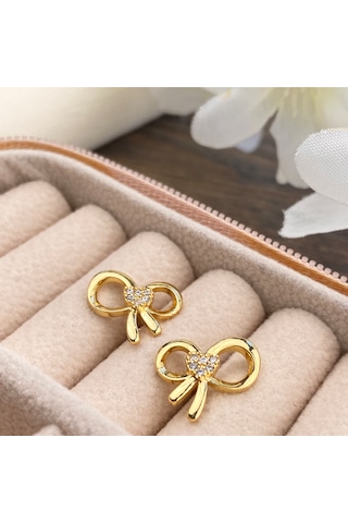 Fiyonk Küpe Zirkon Taşlı Çelik Gold