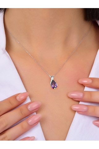 Brezza Lusso Jewelry Gümüş Mor Taşlı Su Damlası Kadın Kolye 45 CM