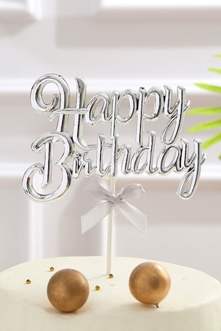 Gümüş Renk Happy Birthday Yazılı Pasta Süsü Tüm Yaşlar