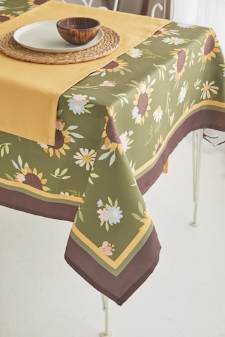 Ays Home Yeşil Ayçiçeği Desen Kumaş Yemek Masası Örtüsü Ve Sarı Runner.