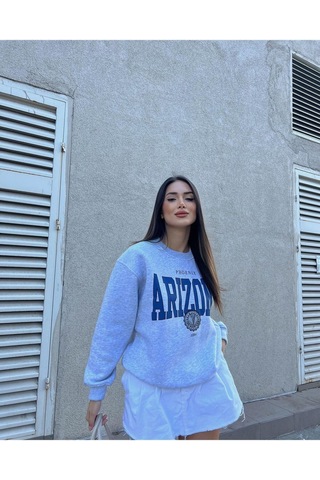 Arizona Yazılı Sweatshirt - Gri Baskılı Oversize Bisiklet Yaka Gri