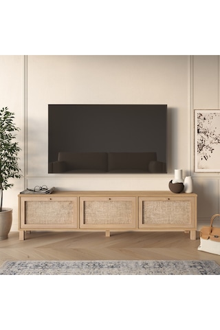 Dune Tv Ünitesi Sehpası Ahşap Ayaklı 3 Ahşap Jüt Kapaklı 180cm Sepet-jüt Dn2-sj Kahverengi