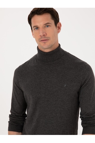 Cacharel Füme Slim Fit Pamuk Karışımlı Balıkçı Yaka Basic Triko Kazak Gri