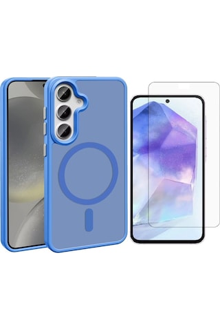 Vendas Galaxy Uyumlu S25 Plus Kılıf M-safe Şarj Özellikli Mat Arka Yüzey Zore Sio Kapak + Nano Ekran Koruyucu Mavi