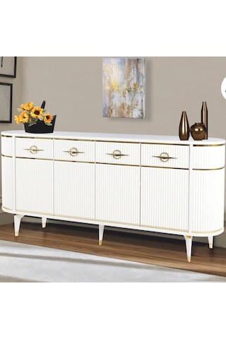 Maya Beyaz Gold Lüks Konsol 4 Kapaklı Şerit Detaylı Metal Ayaklı Tasarım 180x45x84 Cm Beyaz - Gold