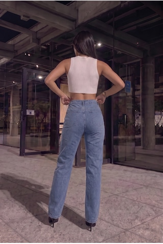 Kadın Mavi Likralı Yüksek Bel Önü Full Taşlı Wide Leg Geniş Paça Jean Kot Pantolon