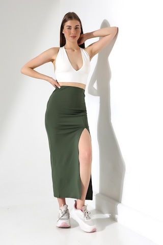 Winmoda34 Kadın Önden Derin Yırtmaçlı Dalgıç Etek Full Likralı Maxi Boy 92 Cm Haki