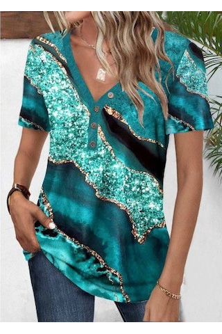 Leyla Sanat Sanata Yeni Bir Bakış Açısı Kadın Kısa Kollu V Yakalı Önden Düğmeli Baskılı Süprem Bluz Mavi