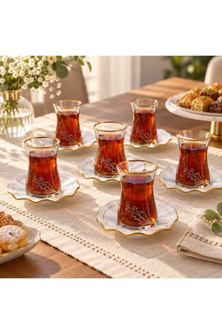 Zarif Çiçekli Çay Takımı 6 Kişilik 12 Parça Gold Detaylı Beyaz