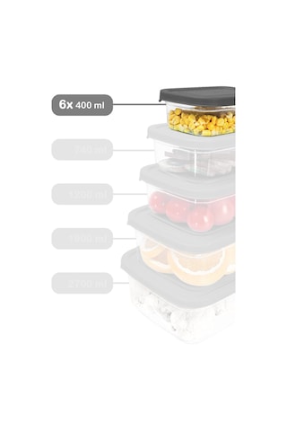 Meleni Home 6 Adet Dikdörtgen Erzak Saklama Kabı - Mikrodalgaya Uygun Düzenleyici Organizer 400 ML Gri