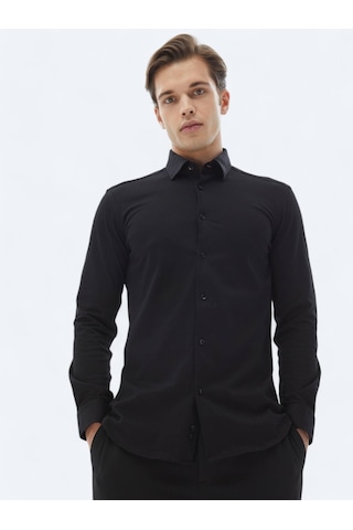 Kip Siyah Düz Regular Fit Dokuma Casual %100 Pamuk Gömlek Siyah