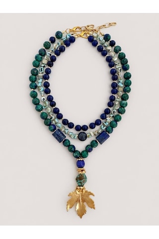 El Yapımı Lapis Lazuli, Azurit & Sedef Doğal Taş Kolye Seti Mavi - Yeşil