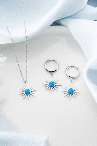 Çekirdekjewelry 925 Ayar Gümüş Opal Taşlı Kolye Küpe Seti Gri