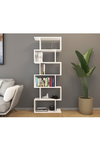 6 Raflı Kitaplık Dekoratif Raf Zigzag Kitaplık Beyaz