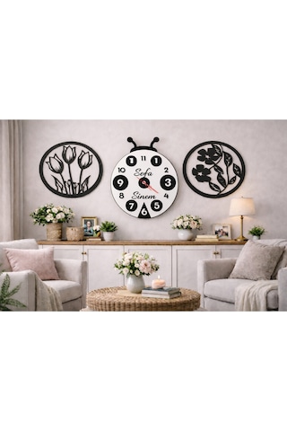 Duvar Saati 40 Cm Çiçekler 30 Cm Canım Ailem Temalı No52 Çok Renkli